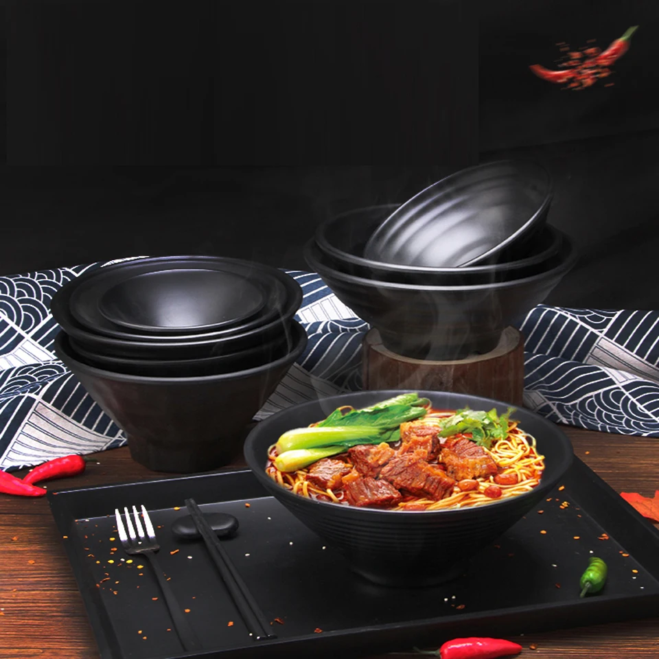 Frosted Black Melamine Noodle Bowl Restaurant Large Ramen Soup Bowl Plastic Imitation Porcelain Powder Rice Noodle Bowl