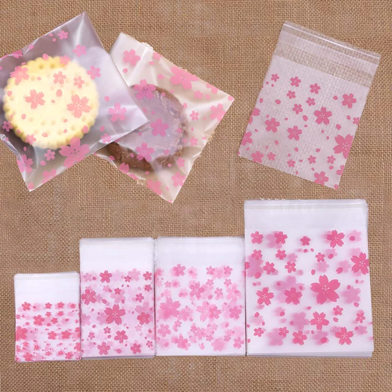 Bolsas de piezas con estampado de flor de cerezo rosa, bolsitas para fiestas, cumpleaños, dulces, 50 regalo transparente, 7x7, 8x10, 10x10, 14x14cm