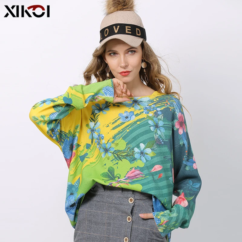 XIKOI Winter Flowers Print Sweater Women Pullovers Knitted O-Neck Jumper Women Oversized Warm Sweaters High Elastic Pull Femme