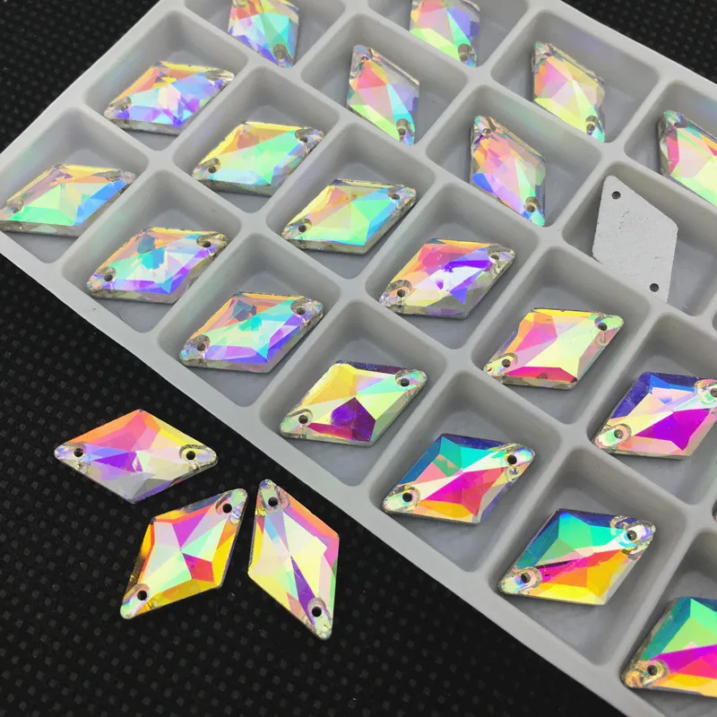 28pcs/bag Rhombus 11x19mm Sew On Rhinestone Glass Crystal Flatback Sewing Strass Sew On Stone Wedding dress Crystal AB Color