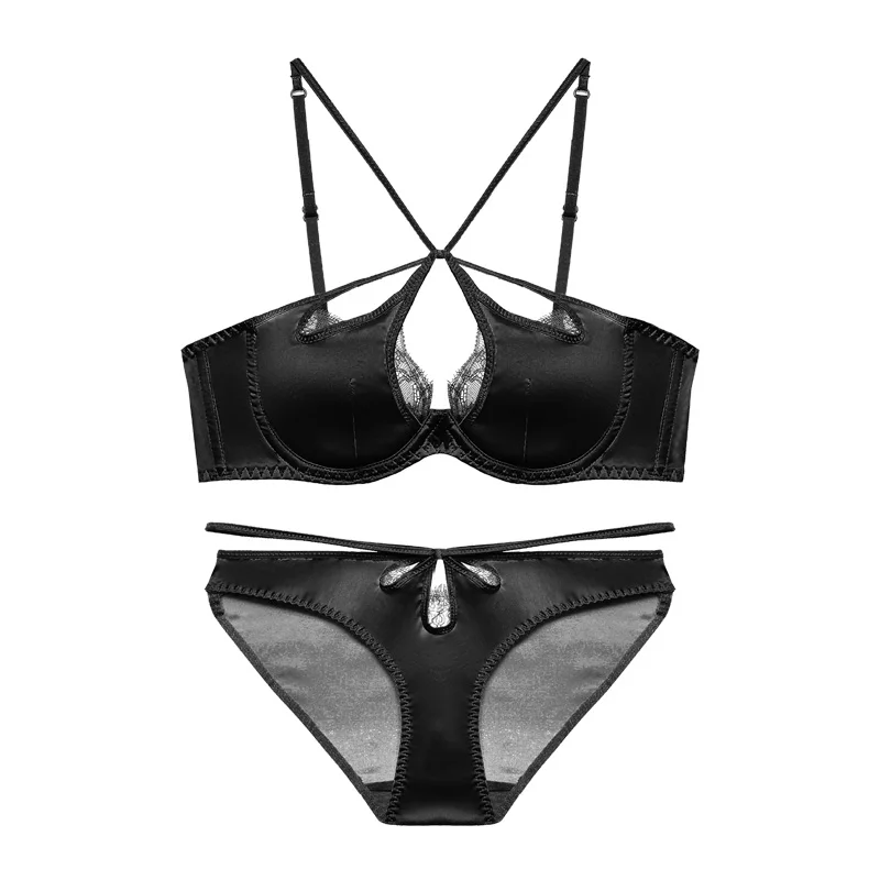 Soutien-gorge en satin et dentelle pour femmes, sous-vêtements Sexy, petits seins, col licou, avec culotte, section fine, froncée