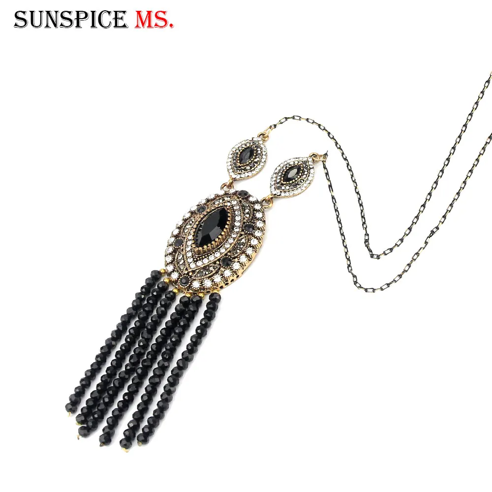 Sunspicems Vintage Natural Stone Bead Necklace Tassels Pendant Retro Gold Color Turkish Women Ethnic Wedding Jewelry Gift 2020