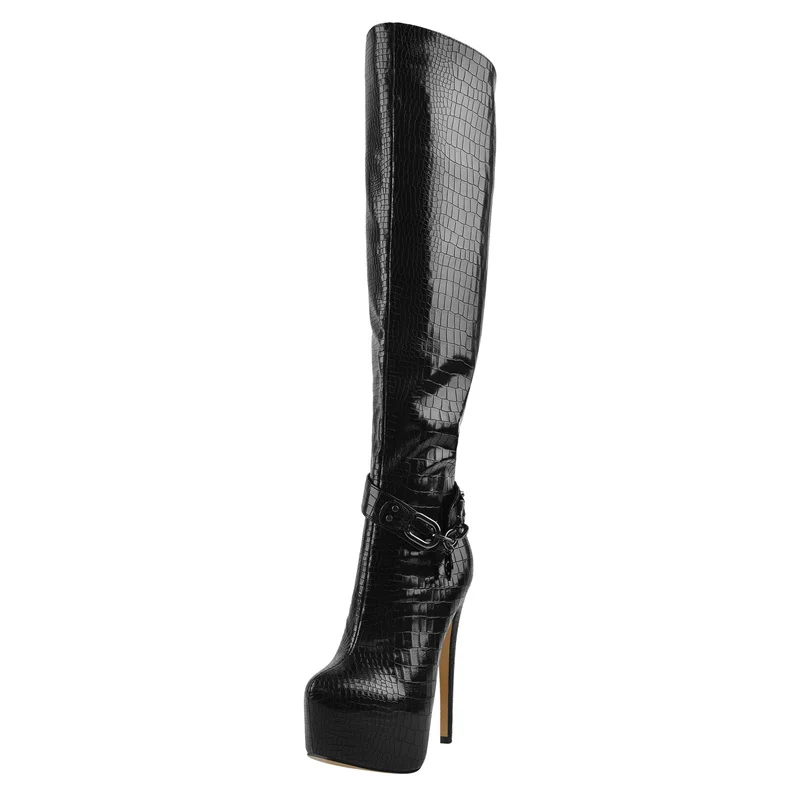 Onlymaker Thin High Heel Over The Knee Boots Lady Black PU  Crocodile Print Metal Chain Decoration Zipper Winter Women Boots