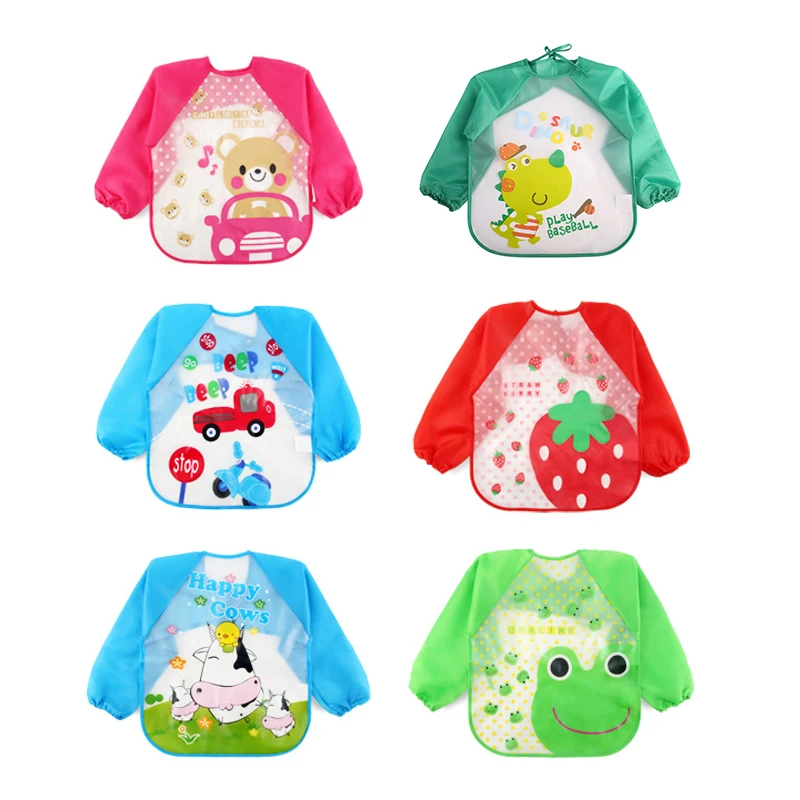 18 Colors Baby Bibs Waterproof with Long Sleeve Baby Feeding Smock Bibs Plastic Bib for Kids Children 2-5 Years