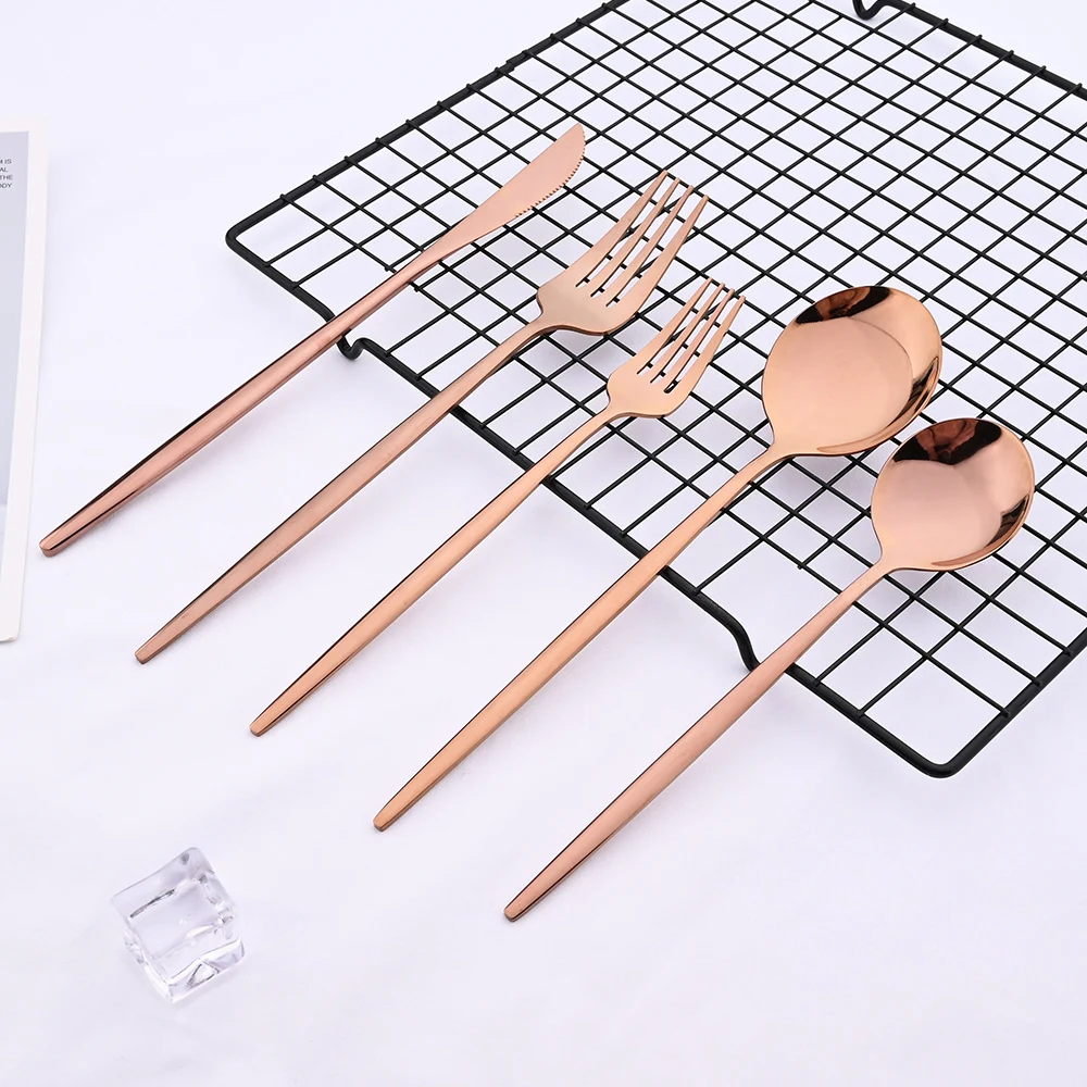 Rose Gold Mirror Cutlery Set Fruit Forks Spoons Dessert Knives Wedding Dinnerware Stainless Steel Flatware Dinner Tableware Set