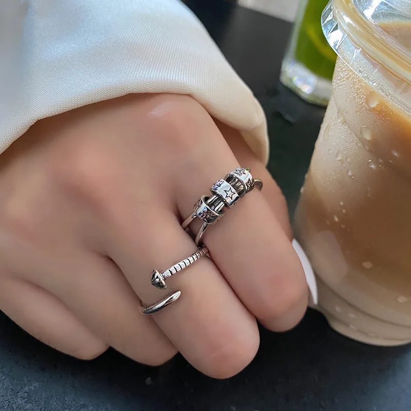 QMCOCOKorean INS Style  Silver Color Ring Punk Fashion Round Star-Shape Personality Screw Nail Student Open Index Finger Ring