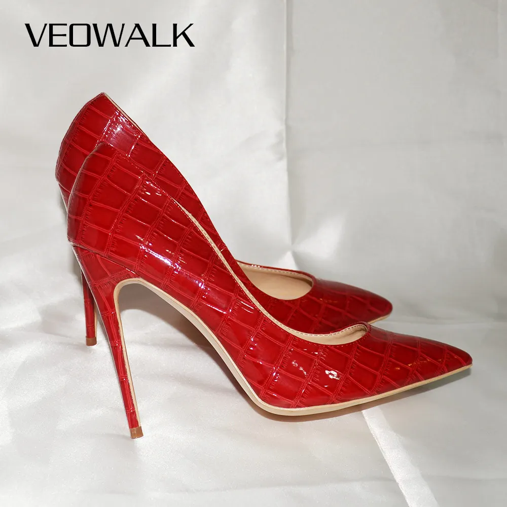 Veowalk Embossed Crocodile Pattern Women Red Sexy High Heels Pointed Toe Low Cut Ladies Stilettos Pumps Party Club/Wedding Shoes