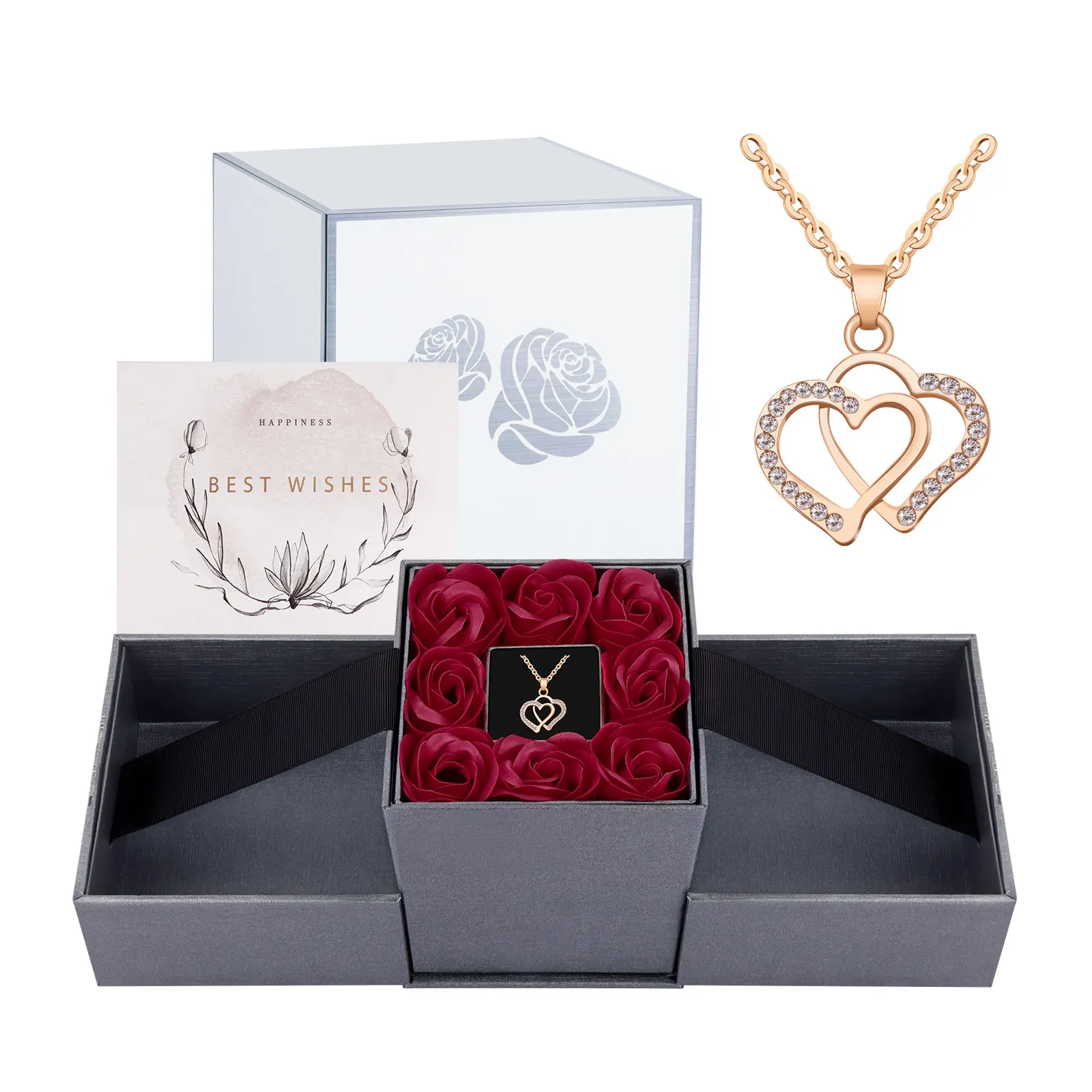 Caja de regalo de joyería de Rosa eterna con Collar, tarjeta de felicitación, regalo de San Valentín de Navidad para esposa, mamá, niñas, mujeres