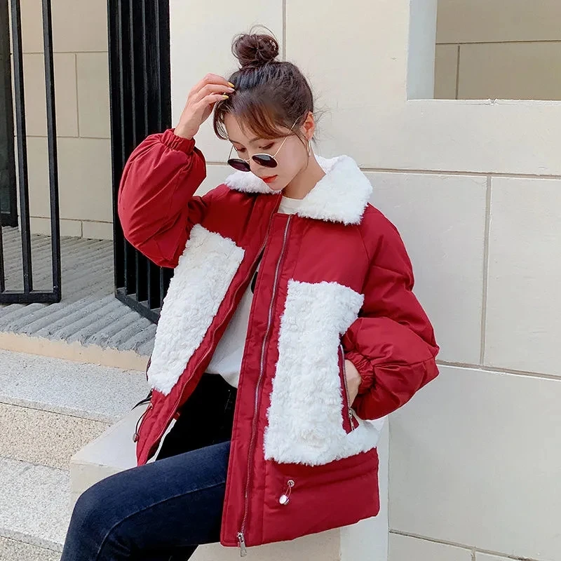 패치 워크 여성 Parkas 한국 패션 Thicken Warm Kawaii Jacket 램 울 칼라 지퍼 아래 면화 패딩 퀼트 코트 여성