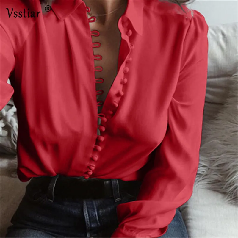 Women Long Sleeve Blouse 2022 Fashion Button Casual Oversized Loose Shirt Sexy V Neck Solid Ladies Blouses