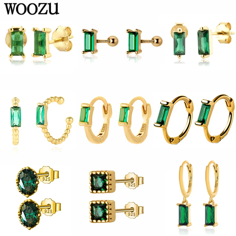 

WOOZU 925 Sterling Silver Simple Cute Green Square Crystal Zircon Stud Earrings For Women Korean Teen Party Daily Jewelry Gifts