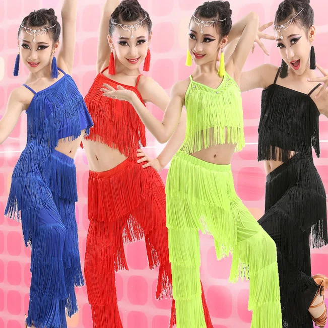 1 Set Girl Latin Dance Dresses Ballroom Fringe Tassel Dress Pants Kids Sequin Fringe Salsa Samba Stage Competition Dance Costume