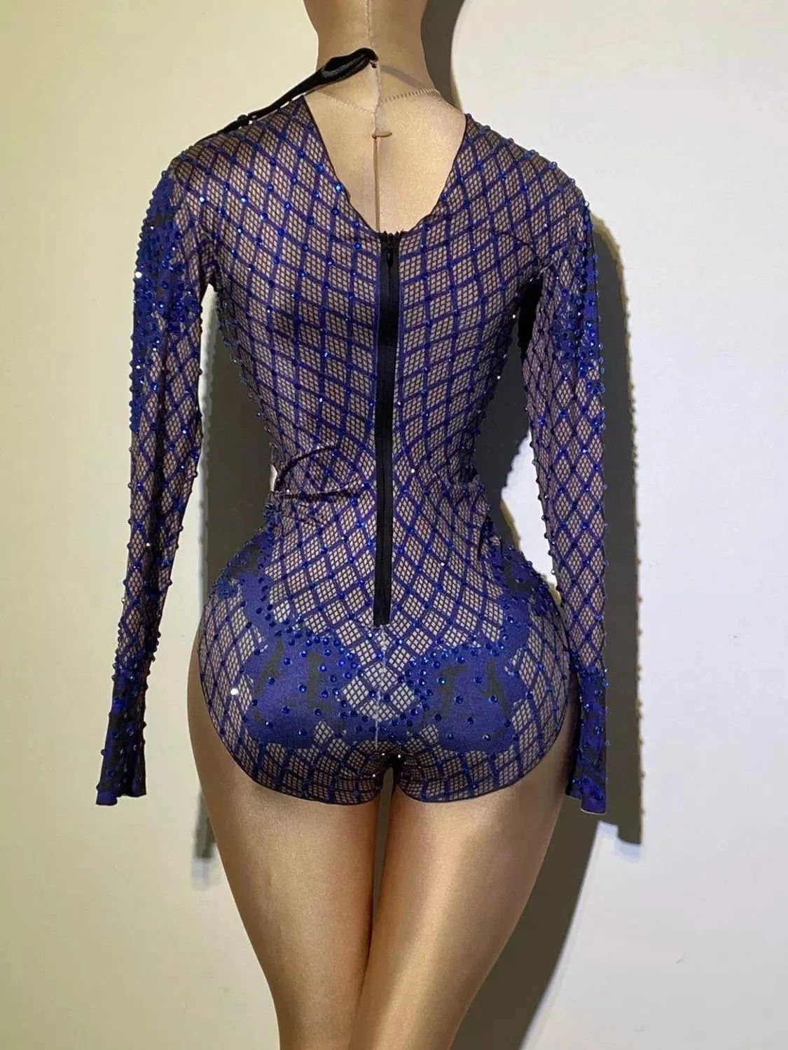 Sexy Blue Print Rhinestone Dancer Bodysuit Women Long Sleeve Crystal Jumpsuit Female Club Showgirl Stage Leotard Costume