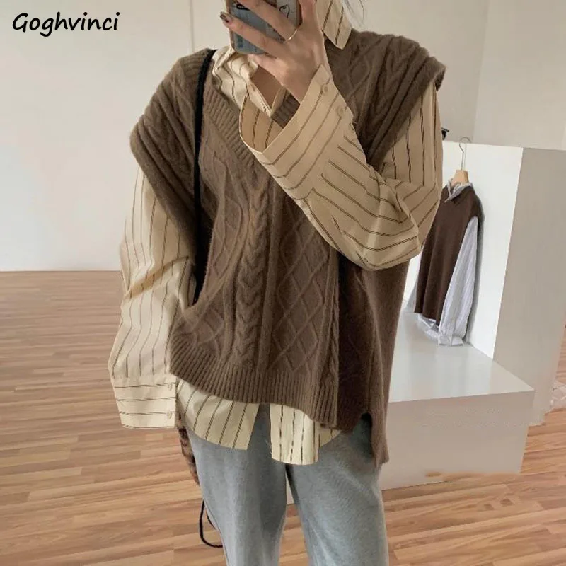 Sweater Vest Women Retro Solid Loose Sleeveless Knitted Sweaters Trendy Spring Fall All-match Casual Tops New Fashion Lady