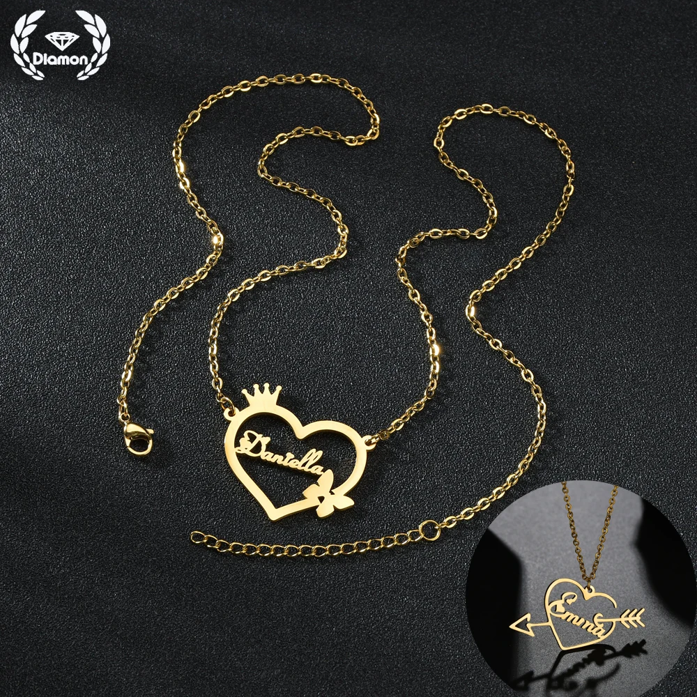 

Diamon Personalized Necklaces for Women Custom Name Letters Nameplate Heart Pendant Stainless Steel Necklace Jewelry Gift
