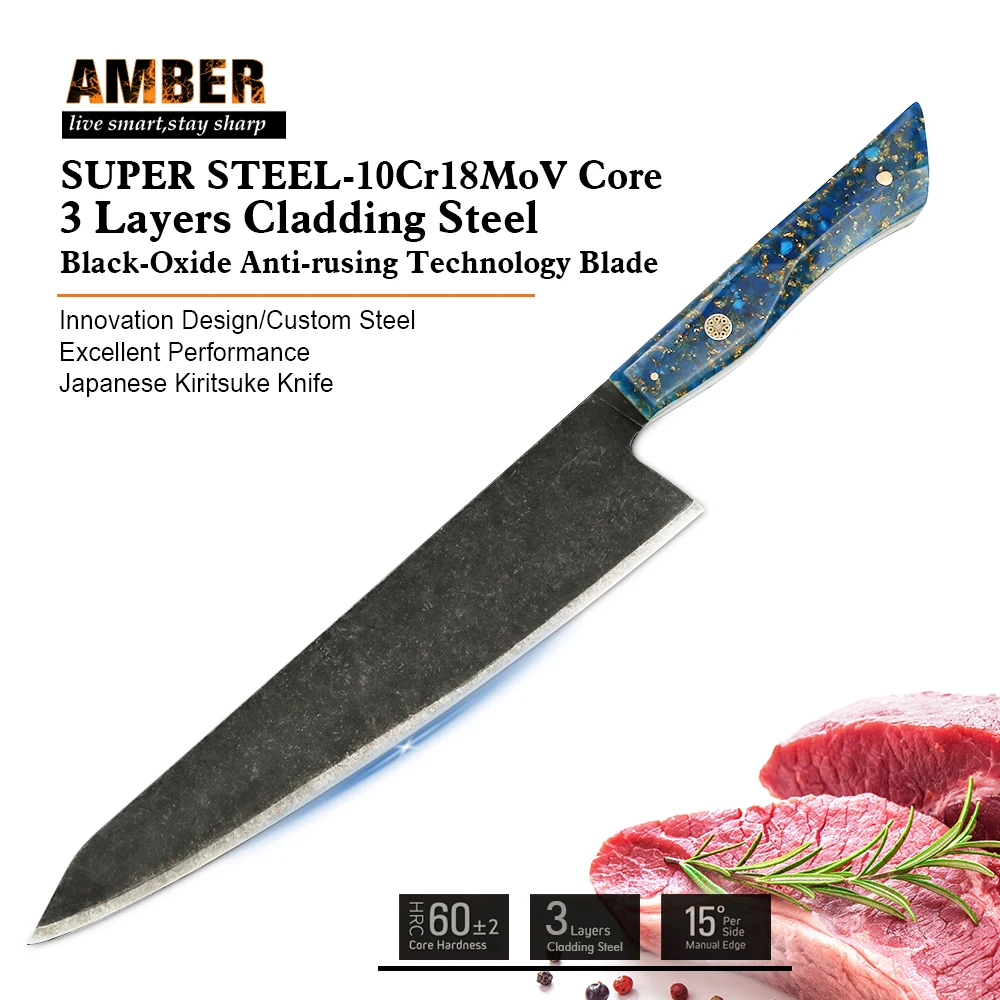 Amber Stainless Steel Kitchen Knives High Quality 10Cr15Mov 3 Layers Cladding Steel Chef Cleaver Knife Cooking