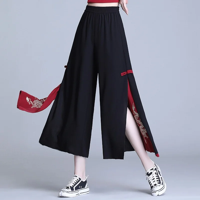 Women'S Pants Chinese Style Harajuku Hippie Ethnic Loose Black Embroidery Aesthetic Baggy Wide Leg Pants Kimonos Trousers Women