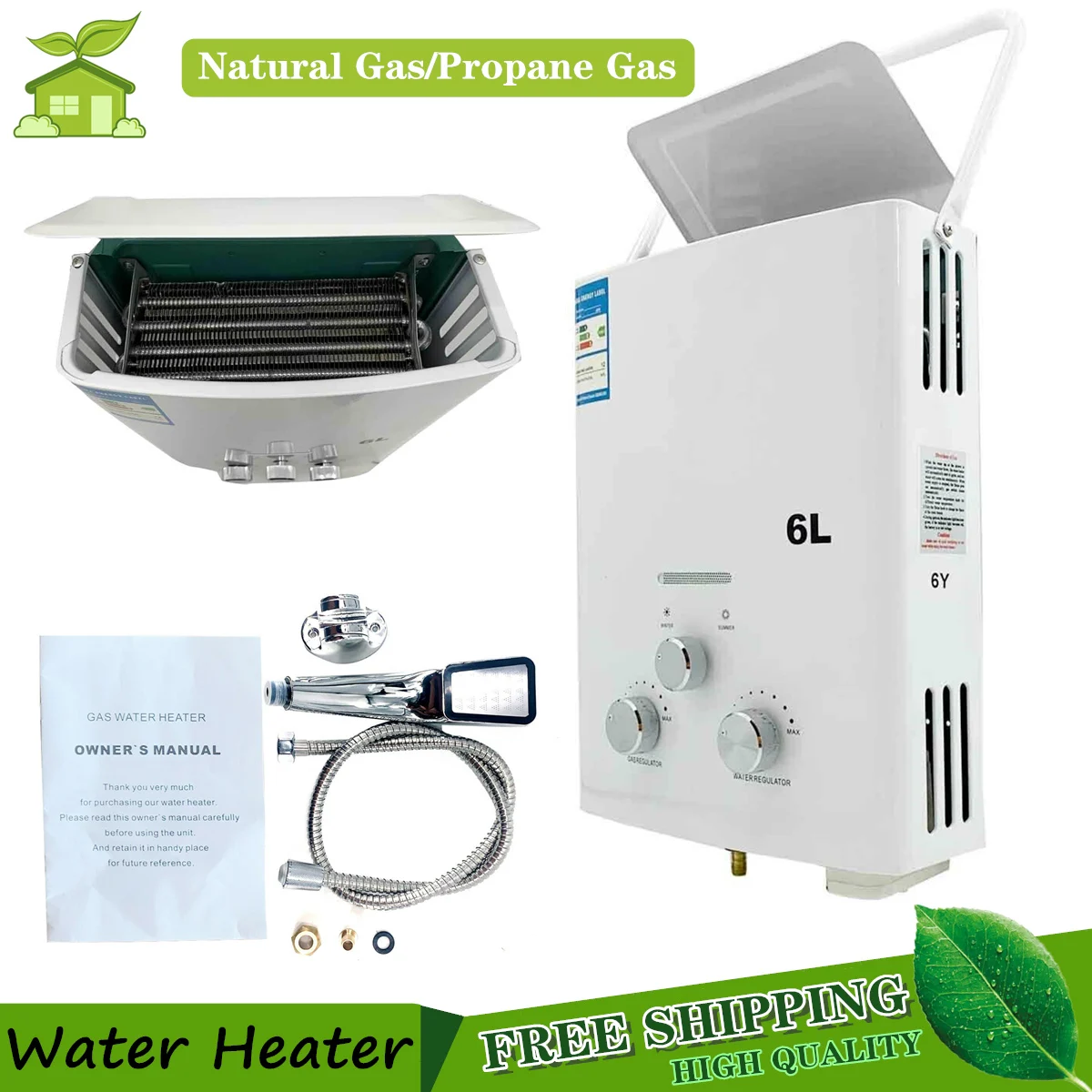 

6L Natural/Propane Gas Tankless Water Heater 12KW LPG/LNG Instant Hot Water Heater Boiler With Shower Head Kit