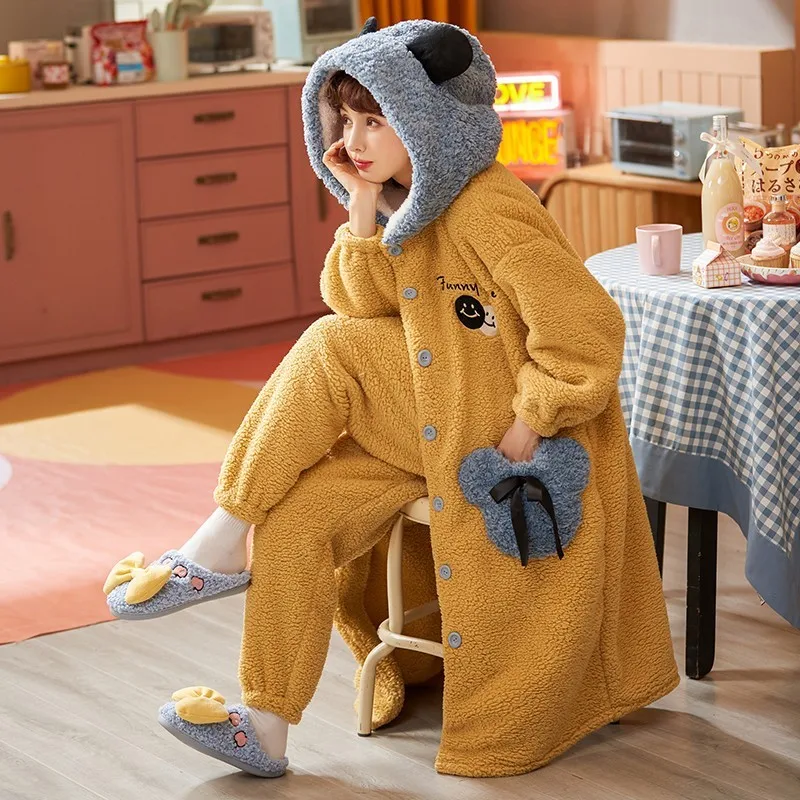 Cute Kawaii Winter Warm Women\'s Pajamas Sweet Hooded Nightgown Flannel Sleep Home Clothes Female Thicker Fashion Soft Chic Robes