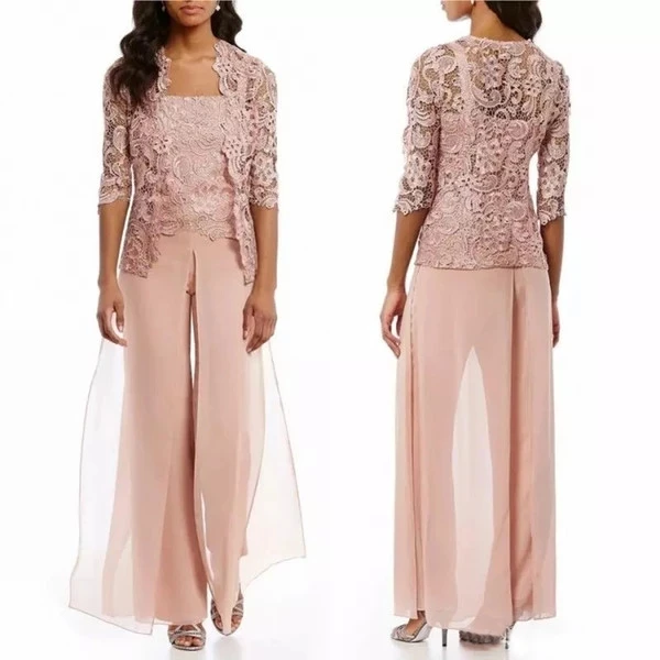 

Pink Mother Of The Bride Dresses Sheath Chiffon Lace With Jacket Pants Suit Long Groom Mother Dresses For Weddings