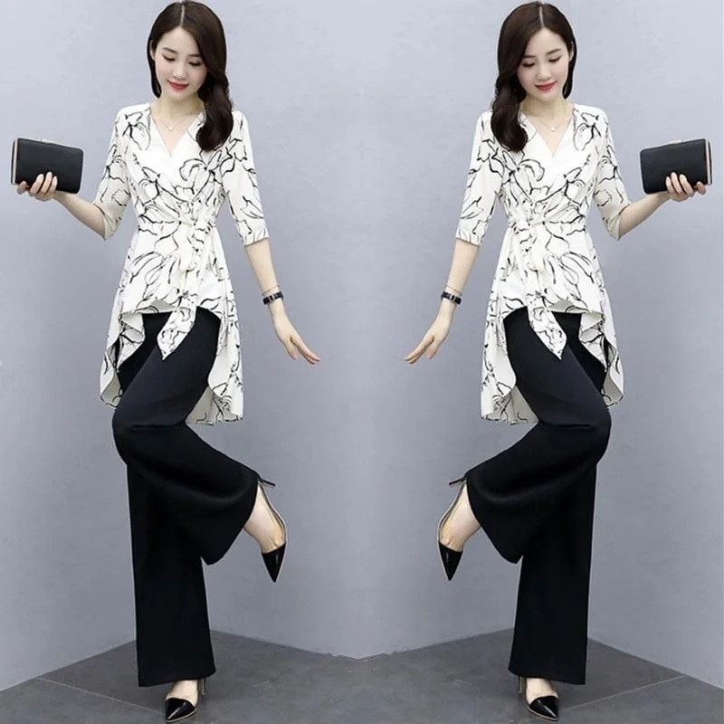 Women Two Piece Sets New Spring Summer Chiffon Print Top High Waist Wide Leg Pants Casual Fashion Suit Female Plus Size Clothing