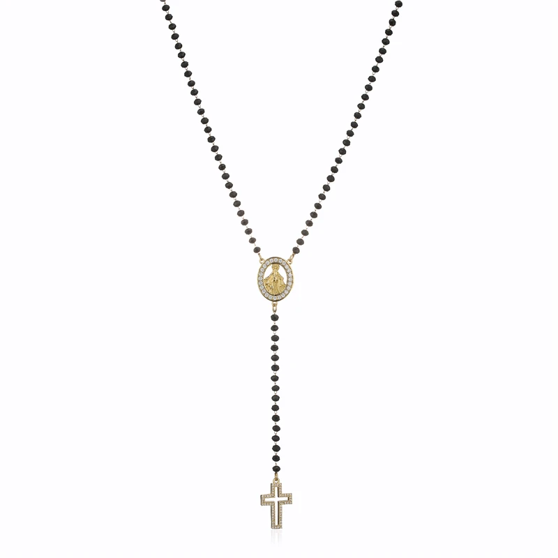 HECHENG,Christ Cross Necklace for Women,Stainless Steel Long Rosart Rainbow Stone Necklace,Virgin Mary Jewelry Wholesale