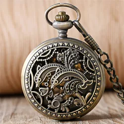 Reloj de bolsillo Unisex con caja de delfín hueca de bronce, movimiento mecánico bobinado a mano, esfera de números árabes, cadena colgante Fob