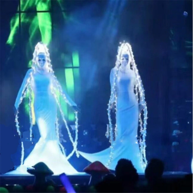 Led costume Ballroom dance costumes stage catwalk singer wears party women dresses dj hair ghost cosplay clothes white led light