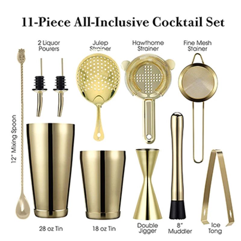 Cocktail Shaker Bar Set: Weighted Boston Shakers, Cocktail Strainer Set,Jigger, Muddler, Pineapple Bar spoon, Ice Tong,Pourers