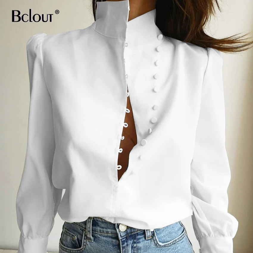 Bcolut Office Puff Sleeve White Woman Blouses Long Sleeve Stand Collar Shirt Autumn Winter Streetwear Top Work Wear Lady 2020