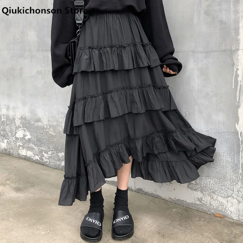 Qiukichonson Midi długie spódnice damskie długa spódnica Goth Lolita lato wysokiej zwężone asymetryczne wysokie niskie Ruched spódnice z falbanami rok