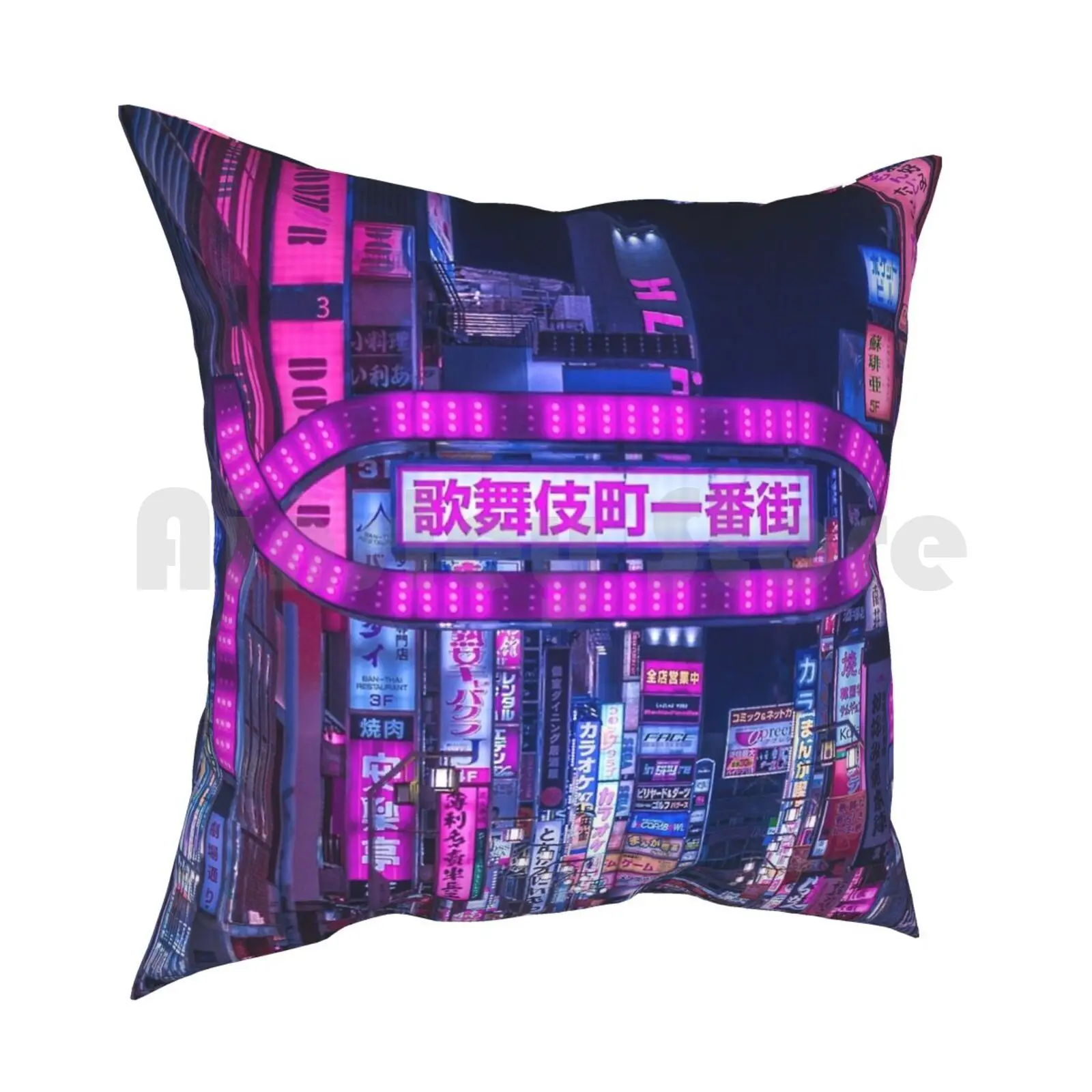 Kabukicho Gate-Vertical Pillow Case Printed Home Soft Throw Pillow Shinjuku Pink Jewel Aesthetic Taxi Urban Neon Night