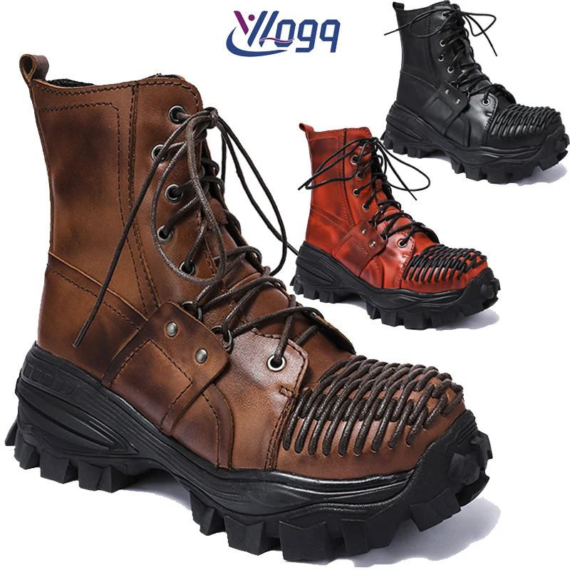 Genuine Leather Platform Motorcycle Boots Men\'s Fashion Goth Trendy Thick-Soled Punk Boots Women Riding Boots Botas