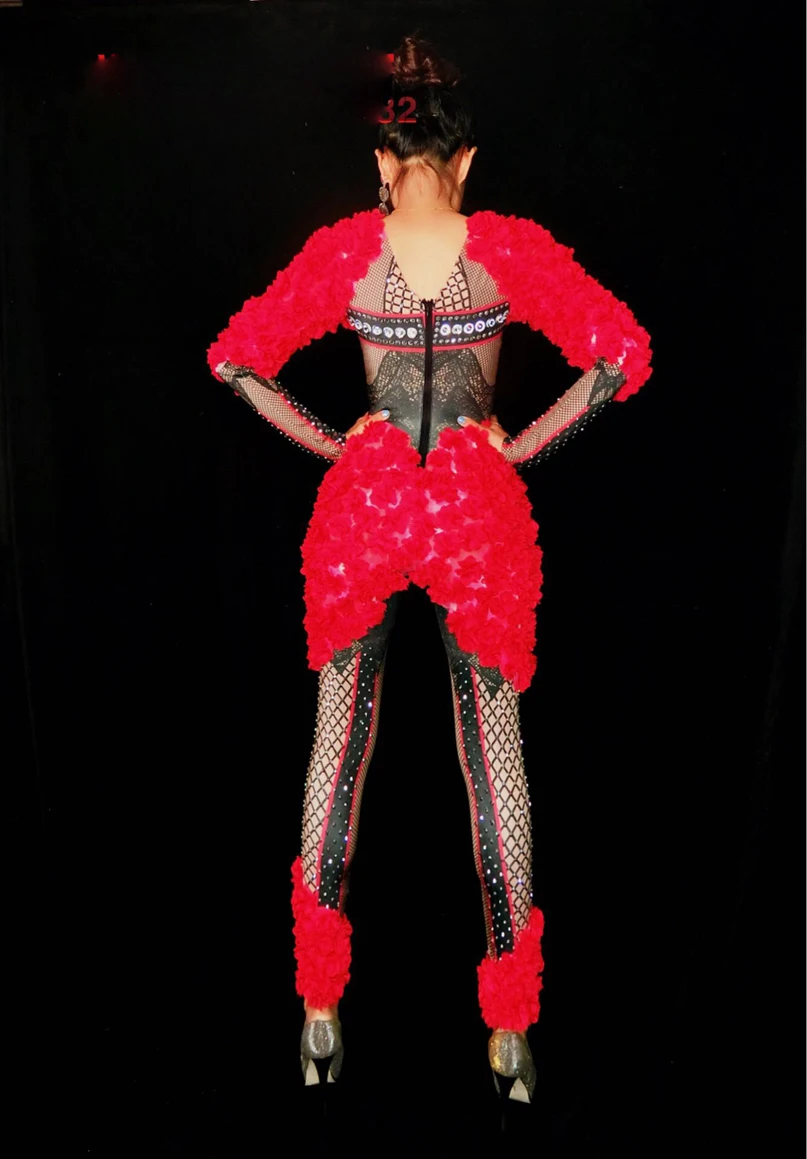 Sexy party girls bodysuit Red Flowers Rhinestones Spandex Jumpsuit Christmas singer stage dance costume