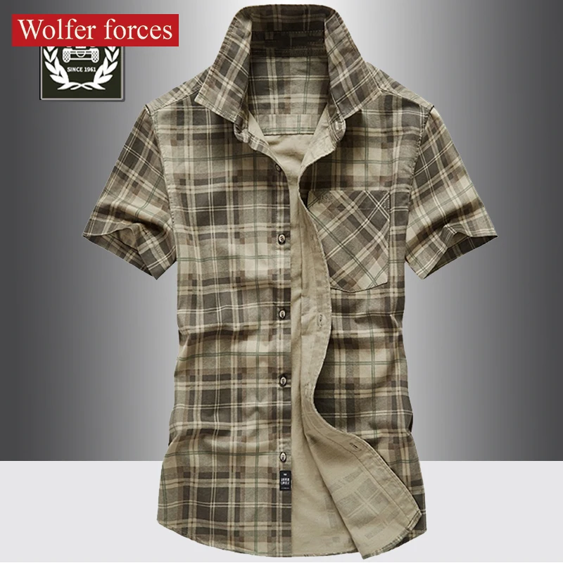 Summer Plaid Short Sleeve Male Shirt Men\'s Cotton Casual  Large Size Social Shirts Jackets Tactics Fashion High Quality Blouse