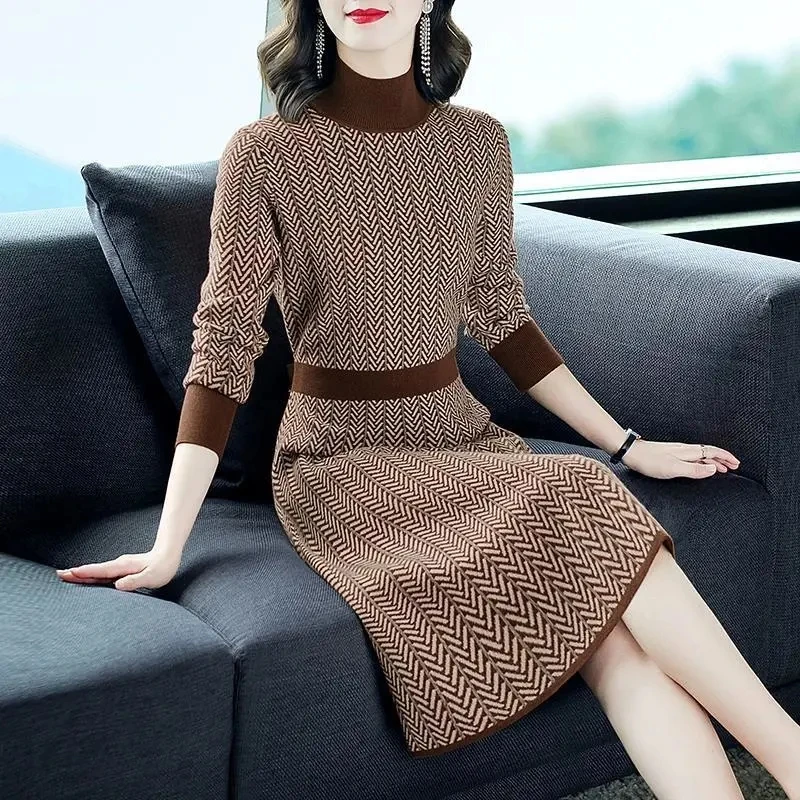 Women Casual Bottom Sweater Dress 2024 New Turtleneck Long Sleeve Slim Pattern Knee-length Clothes For Office Lady High Quality