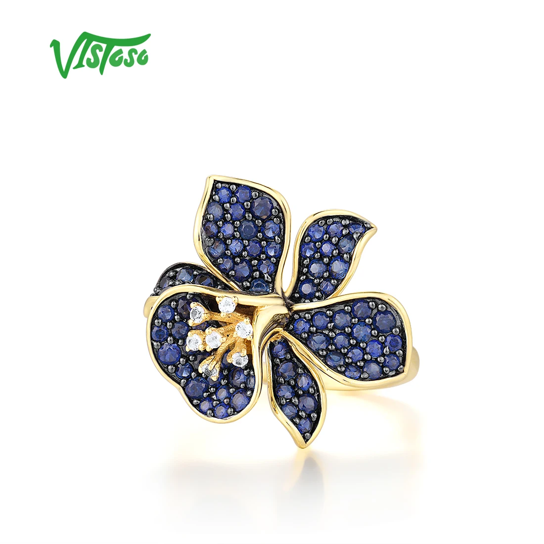 VISTOSO Pure 9K 375 Yellow Gold Rings For Lady lab Created Sapphire White Topaz Flower Ring Anniversary Luxury Gift Fine Jewelry