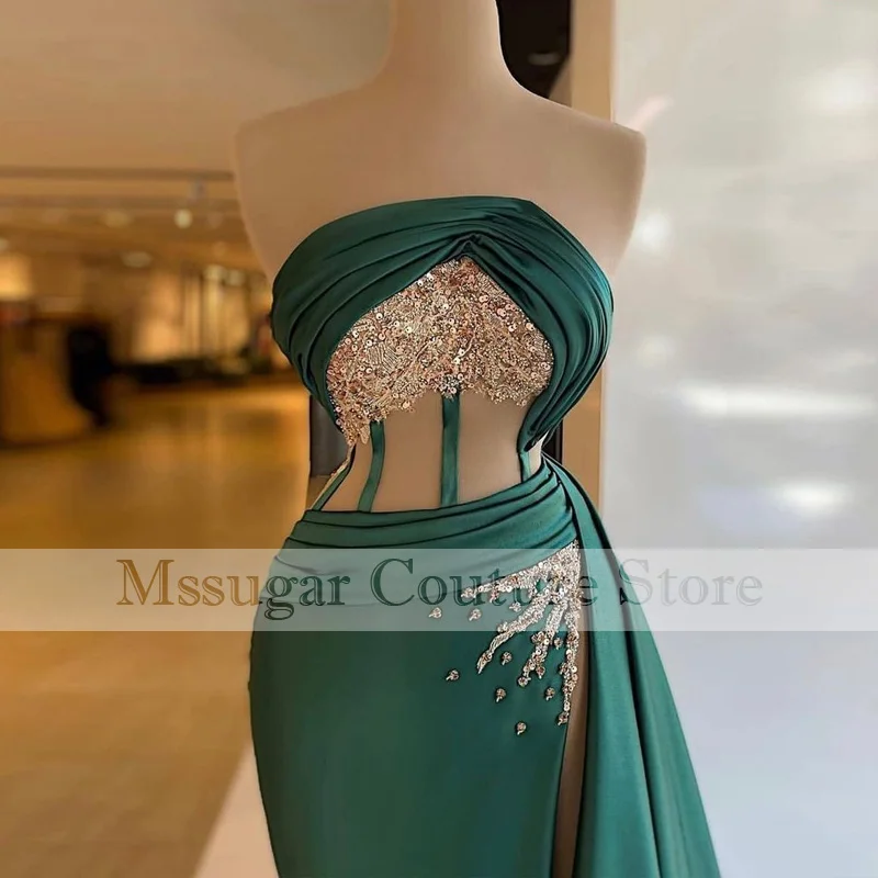 

Green Strapless Mermaid Prom Dresses Beading Pleat Satin Celebrity Party Gowns Vestido De Fiesta