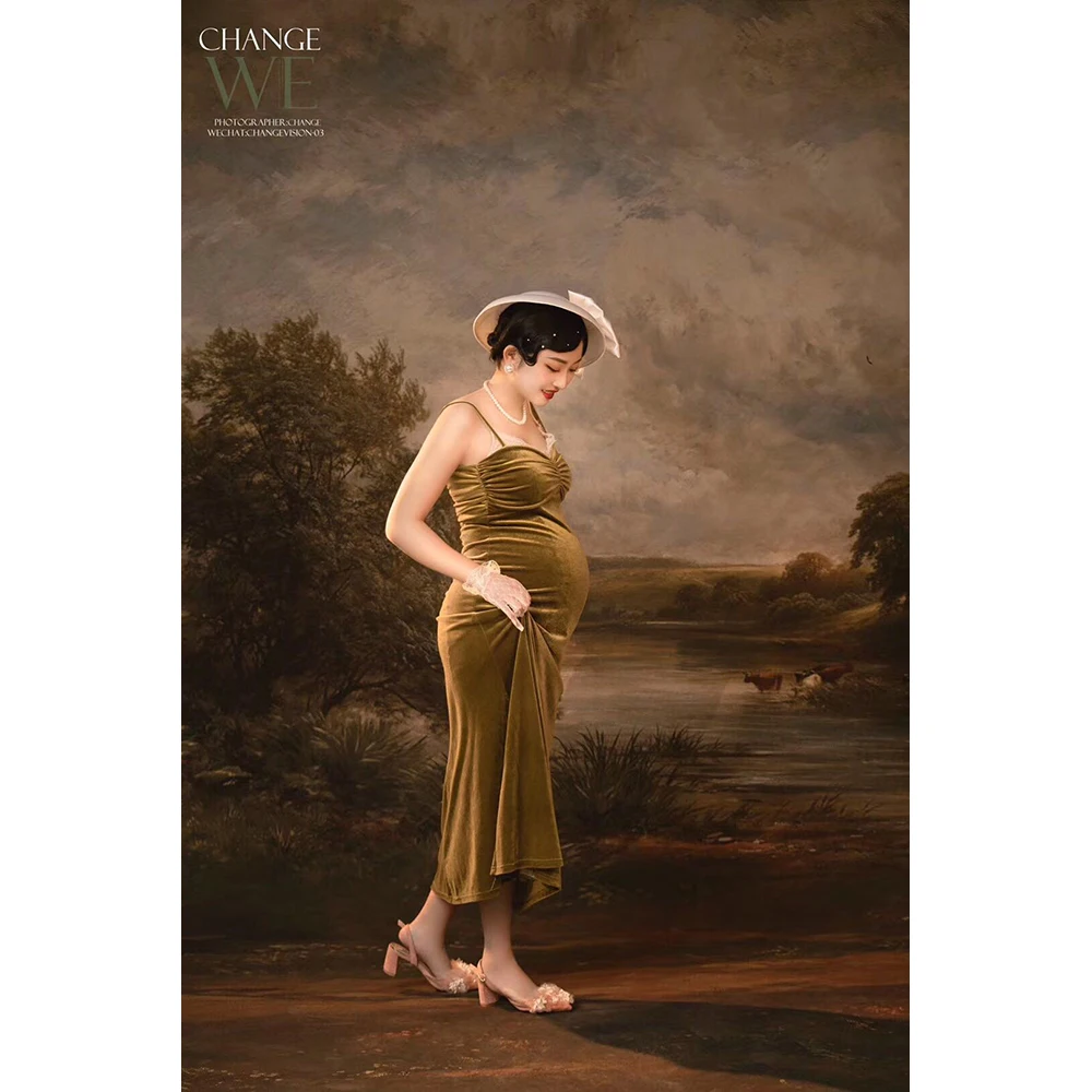 Fondo de fotografía de escena Rural, río, vaca, barco, oveja, retrato de niños y adultos, pintura al óleo antigua, gotas, fondo profesional para estudio