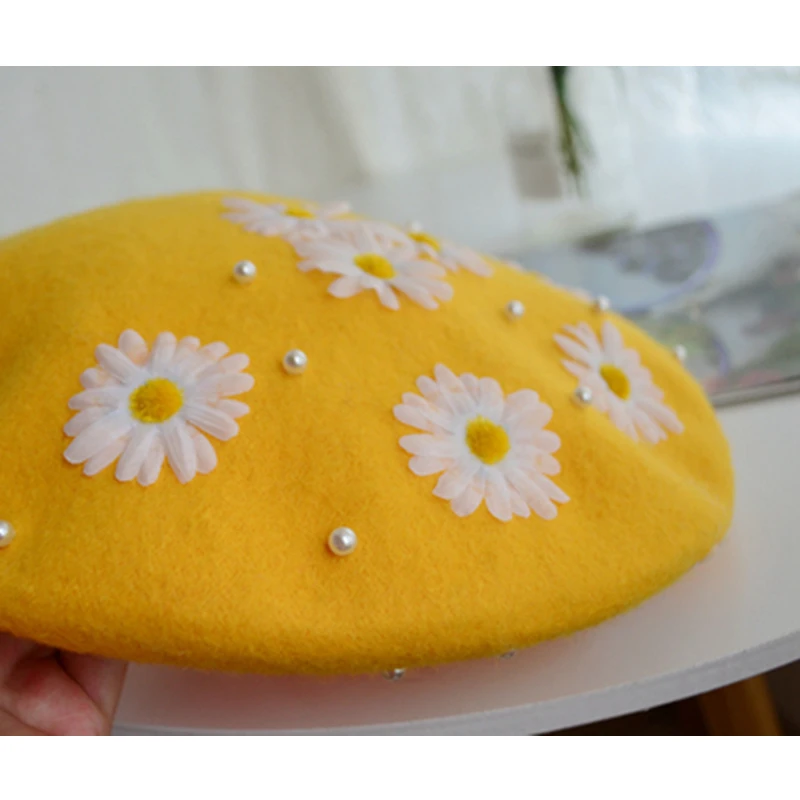 Lolita hat handmade beret women autumn and winter flowers pearl woolen painter hat retro literary pumpkin hat