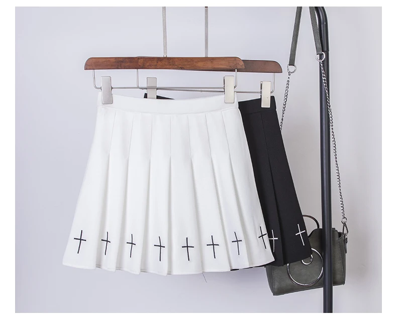 high waist black white Lolita Skirts Gothic Streetwear Cross Print Pleated Women Skirts Casual College Lolita Harajuku Skirt