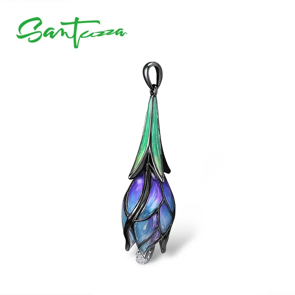 SANTUZZA Silver Pendant for Women Pure 925 Sterling Silver Elegant Drop Purple Flower Trendy Chic Fine Jewelry HANDMADE Enamel