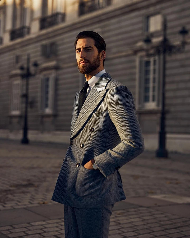 Conjunto de chaqueta de espiga de lana gris para hombre, novio de esmoquin de 2 piezas hecho a medida, chaqueta (chaqueta + Pantalones)