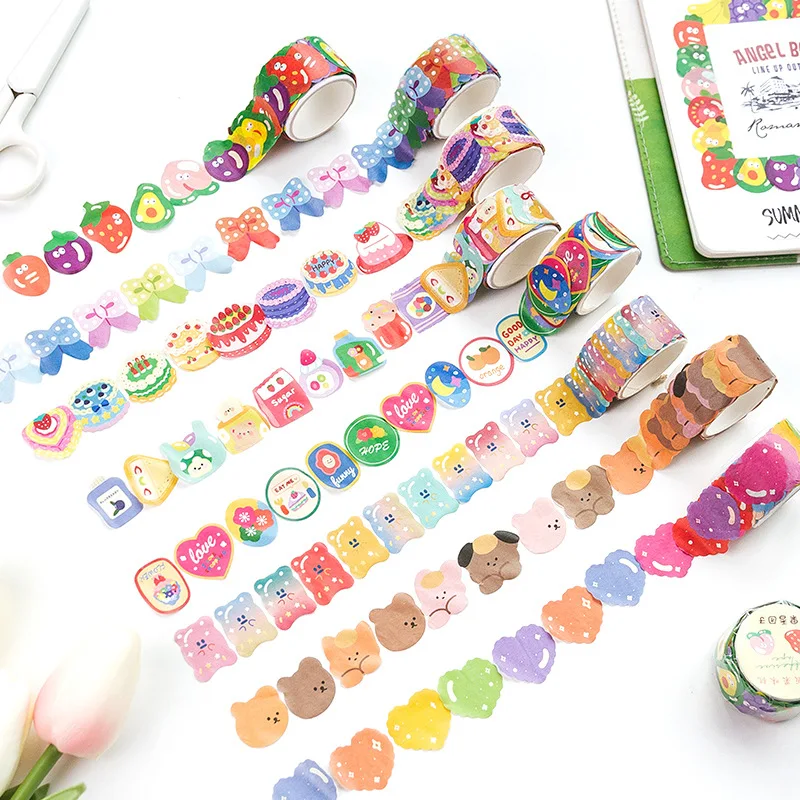 MOHAMM 1 Roll/100 PCS Candy Color Cute Cartoon Bear Fruit Cake Milk Bowknot Heart Masking Tape for Scrapbooking DIY Diary Crafts