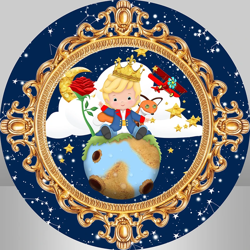 Royal Little Prince Round Backdrops Cover Gold Crown Baby Boy First Birthday Cake Table Banner Party Decor Circle Background