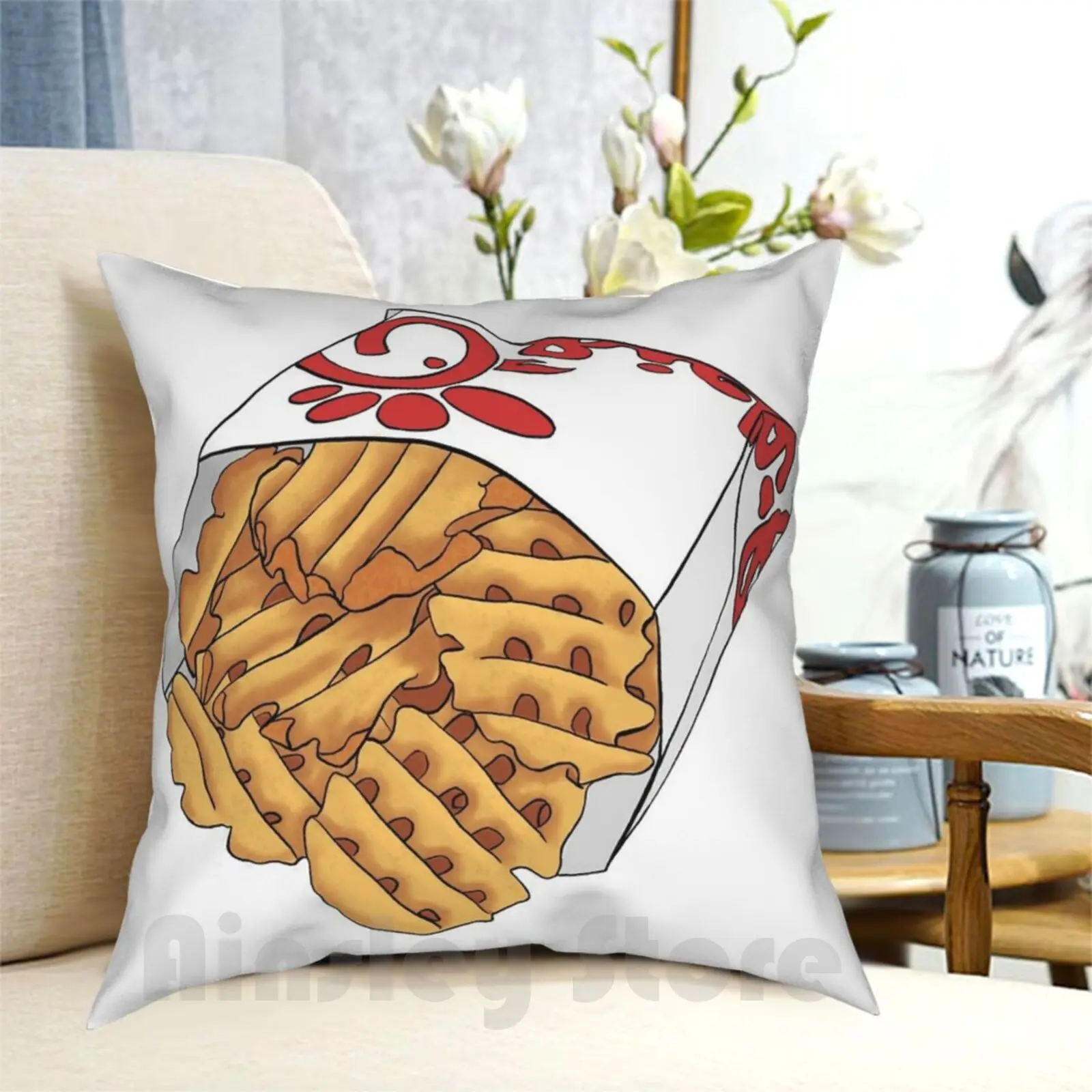 Waffle Fries Pillow Case Printed Home Soft Throw Pillow Fast Food Waffle Waffle Fries Chick Red Brown Yellow White Grey