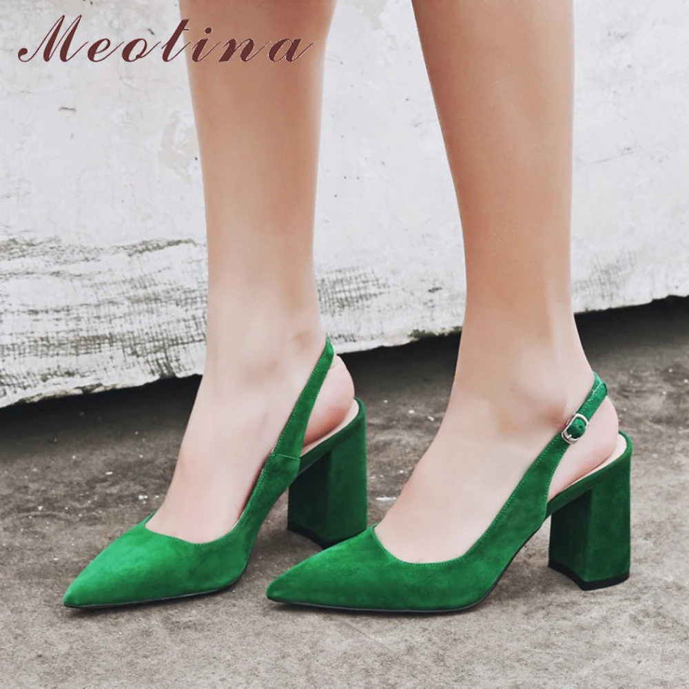 Meotina High Heels Women Pumps Kid Suede Square High Heel Slingbacks Shoes Real Leather Buckle Pointed Toe Shoes Lady Size 34-42