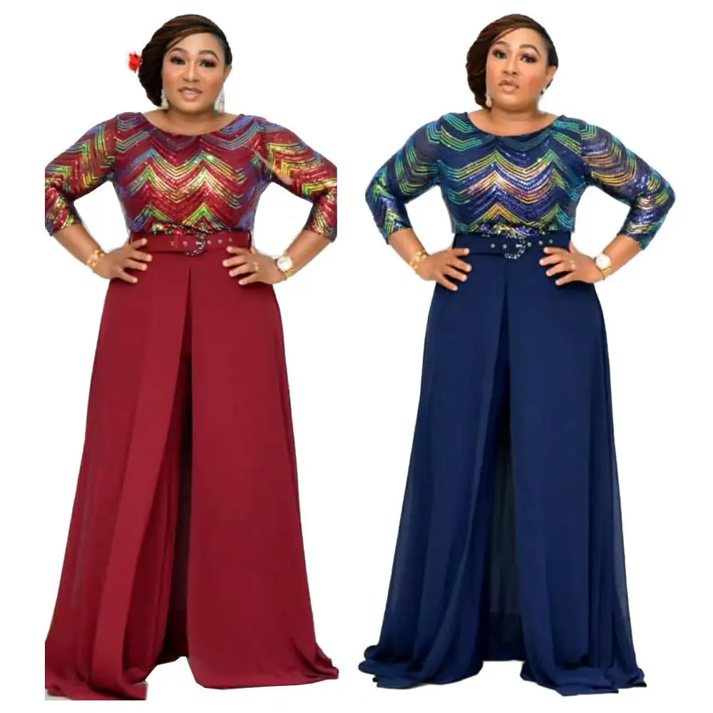African Women's Customized Color Beads Chiffon Elegant Fashion Jumpsuit + Belt