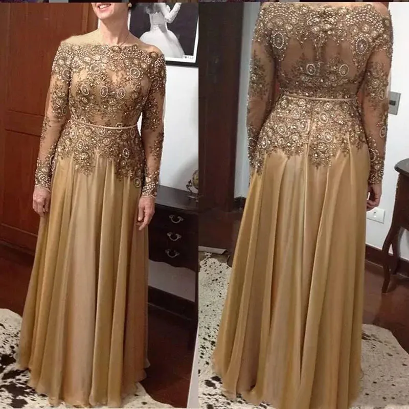 Gold Long Sleeve Mother Of The Bride Dresses For Weddings Elegant Lace Gowns Groom Mother Godmother Dinner Dresses 2021