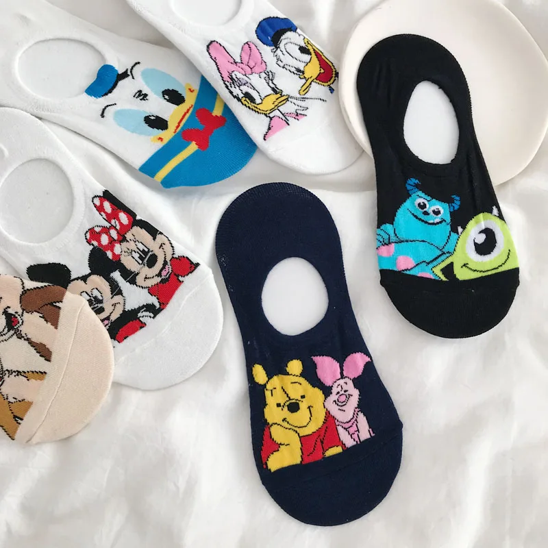 Chaussettes Disney en coton doux pour femmes, chaussettes invisibles, chaussettes amusantes, dessin animé animal, souris, canard, décontracté, mignon, été, taille 34-40, 5 paires